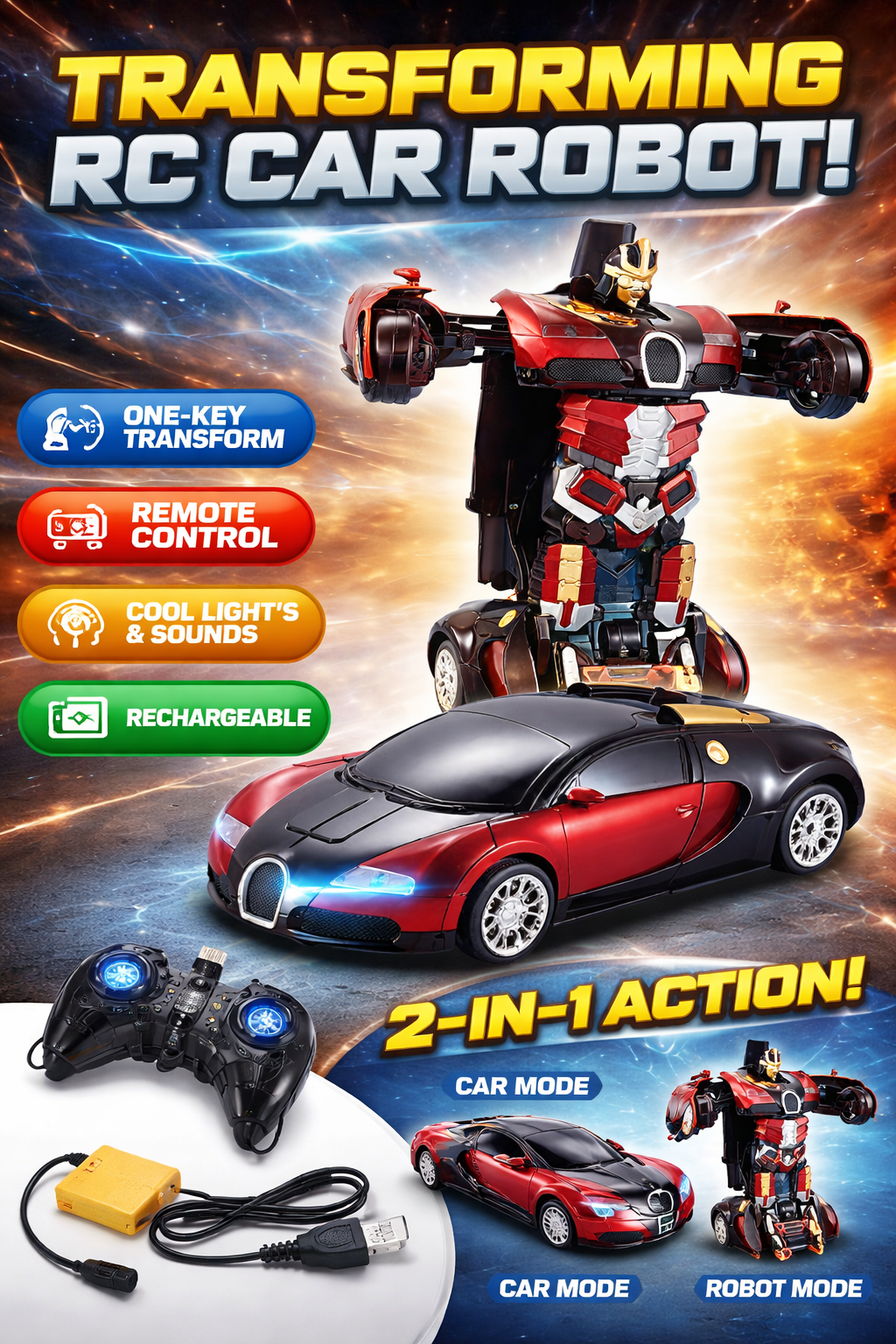 Smart Transformer Car Toy | 2-in-1 Robot Vehicle with LED & Sound Effects